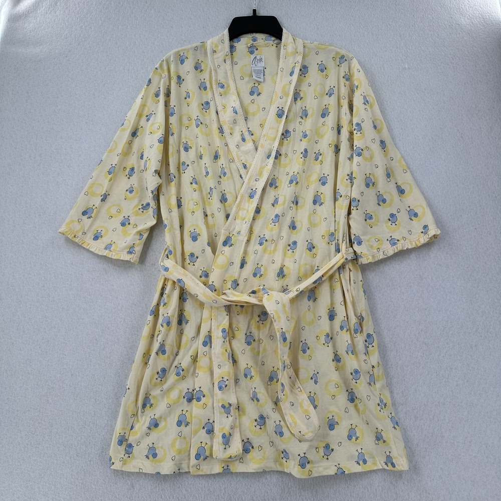 Aria Birds Polka Dot print 3/4 Sleeve Jersey Knit Short Robe MEDIUM‎ Yellow Tie